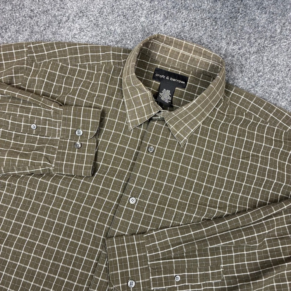 Croft & Barrow Mens Size XL Olive Green Grid Plaid Button Down Shirt Long Sleeve